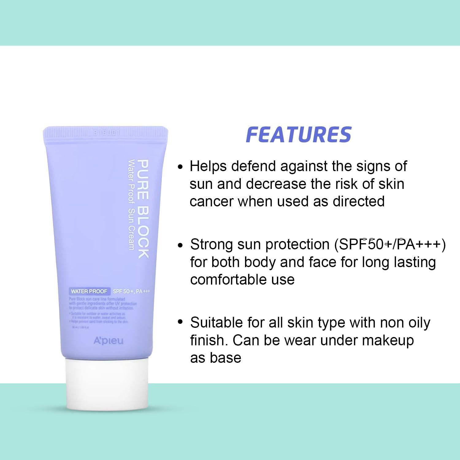 A'pieu Pure Block Sun Cream Waterproof Sun Cream SPF50/PA+++ 50ml-thekimyoung.com