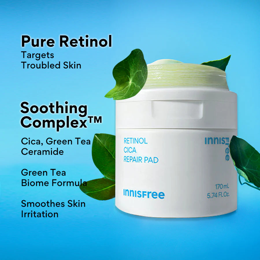 Innisfree Retinol Cica Repair Pad 60ea – Toner Pad for Soothing Blemish & Exfoliating Care-thekimyoung.com