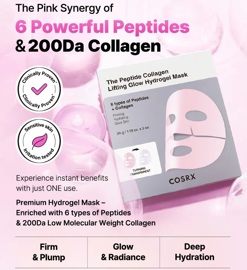 COSRX - The Peptide Collagen Lifting Glow Hydrogel Mask (3 Sheets)-thekimyoung.com