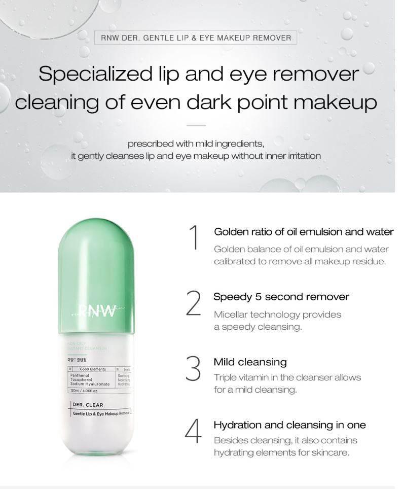 RNW DER. CLEAR Gentle Lip & Eye Makeup Remover 120ml-thekimyoung.com