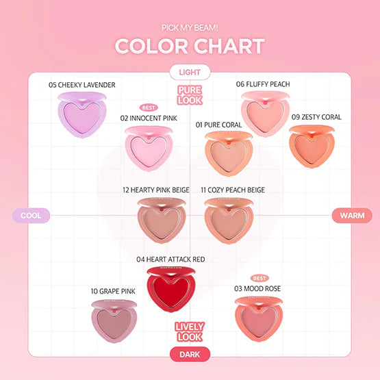 Color chart for heart-shaped makeup products with names and color swatches on a pink background.
